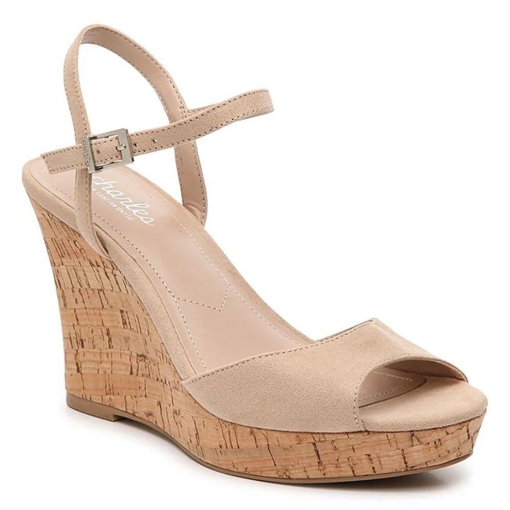 Charles By Charles David Wedge Sandal 9.5 Peep Toe Cork Platform Festival Tan